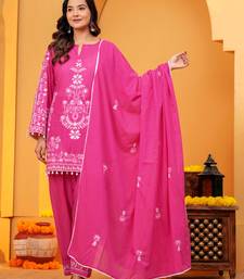 Mal cotton embroidered 3 pcs kurti-farsi salwar-dupatta set in dark pink color