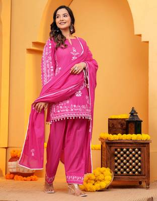 Mal cotton embroidered 3 pcs kurti-farsi salwar-dupatta set in dark pink color 2