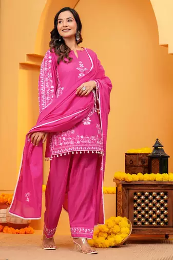 Mal cotton embroidered 3 pcs kurti-farsi salwar-dupatta set in dark pink color