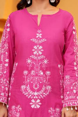 Mal cotton embroidered 3 pcs kurti-farsi salwar-dupatta set in dark pink color 3