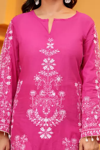 Mal cotton embroidered 3 pcs kurti-farsi salwar-dupatta set in dark pink color