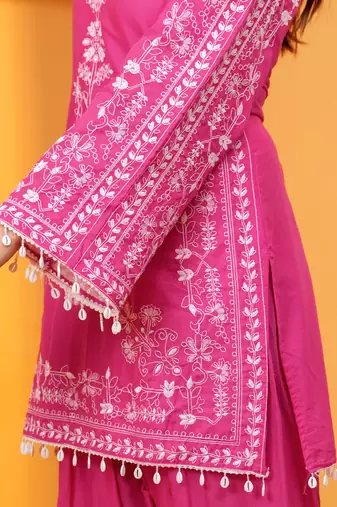 Mal cotton embroidered 3 pcs kurti-farsi salwar-dupatta set in dark pink color