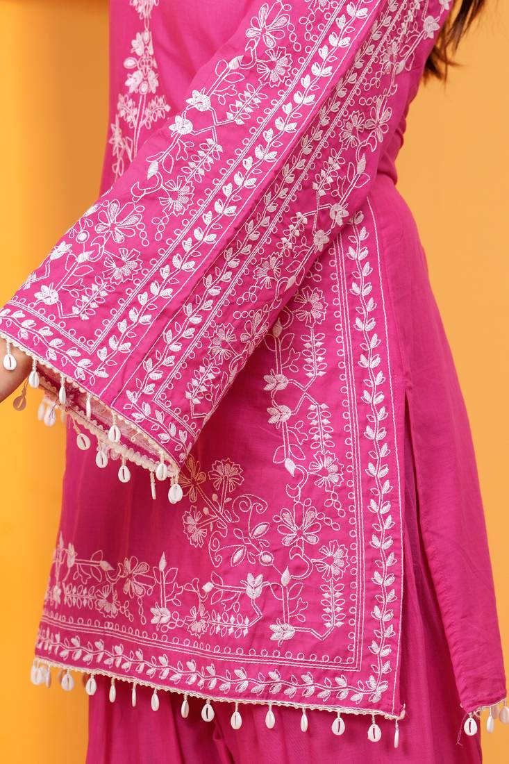 Mal cotton embroidered 3 pcs kurti-farsi salwar-dupatta set in dark pink color