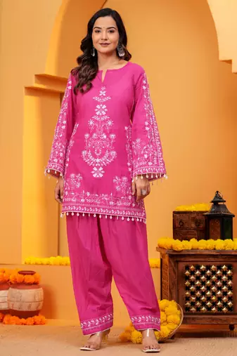 Mal cotton embroidered 3 pcs kurti-farsi salwar-dupatta set in dark pink color