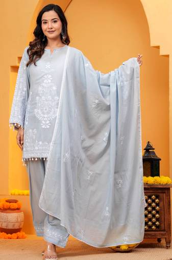 Grey Mal cotton embroidered 3 pcs kurta set