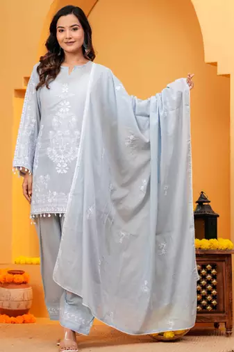 Grey Mal cotton embroidered 3 pcs kurta set
