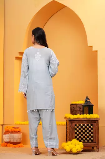 Grey Mal cotton embroidered 3 pcs kurta set