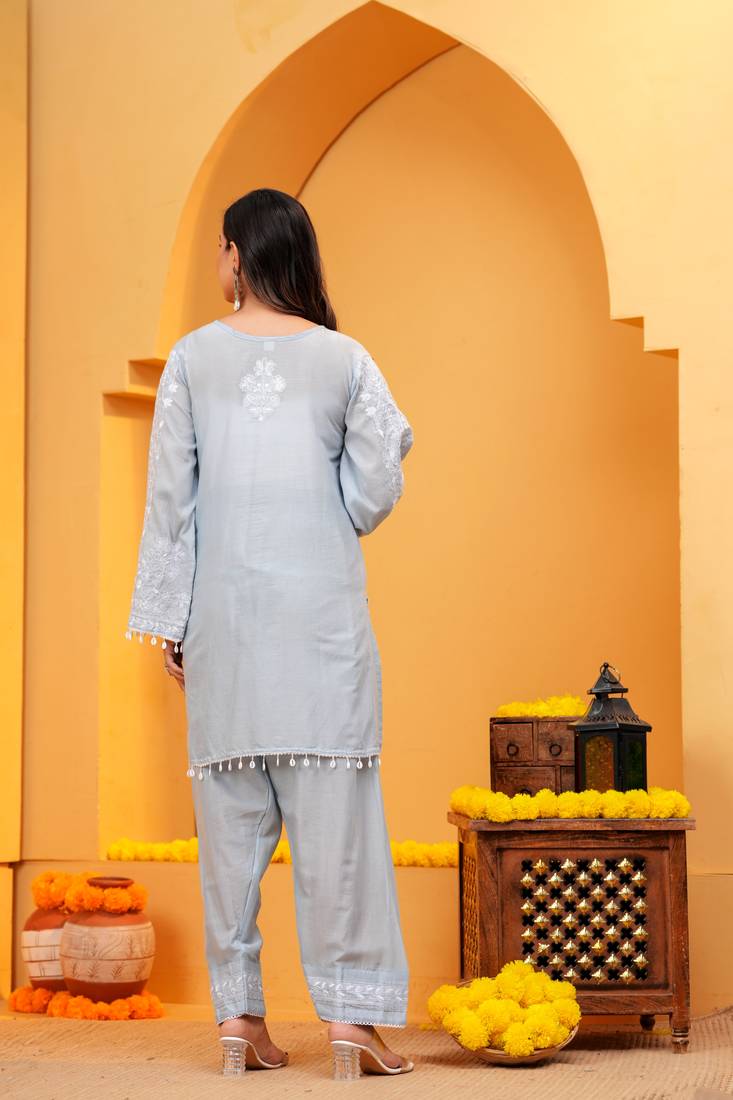 Grey Mal cotton embroidered 3 pcs kurta set