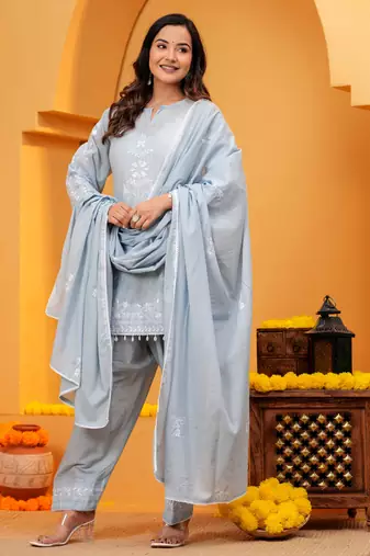 Grey Mal cotton embroidered 3 pcs kurta set
