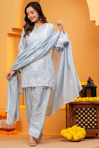 Grey Mal cotton embroidered 3 pcs kurta set