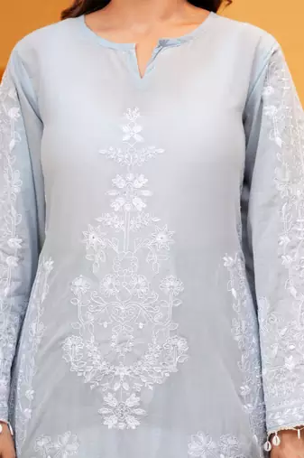 Grey Mal cotton embroidered 3 pcs kurta set