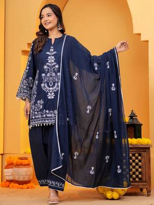 navy blue Cotton embroidered 3 pcs kurta set  1