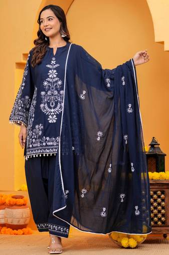 navy blue Cotton embroidered 3 pcs kurta set 