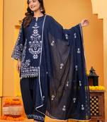 navy blue Cotton embroidered 3 pcs kurta set 