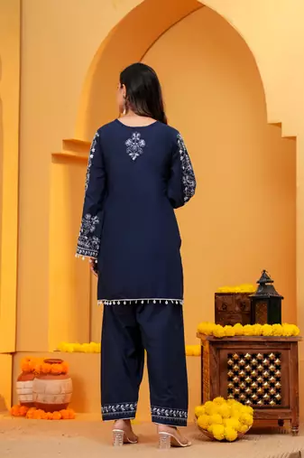navy blue Cotton embroidered 3 pcs kurta set 