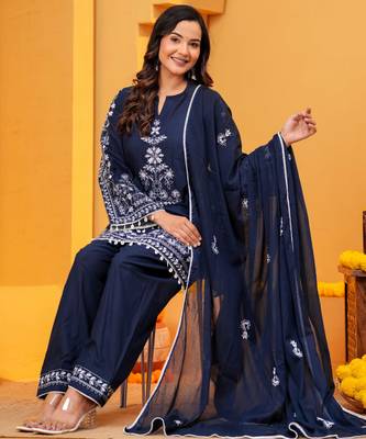 navy blue Cotton embroidered 3 pcs kurta set  3
