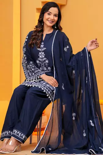 navy blue Cotton embroidered 3 pcs kurta set 