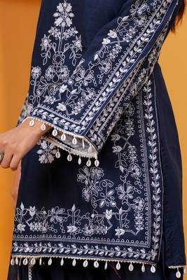 navy blue Cotton embroidered 3 pcs kurta set  4