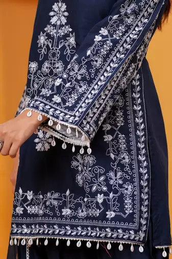 navy blue Cotton embroidered 3 pcs kurta set 