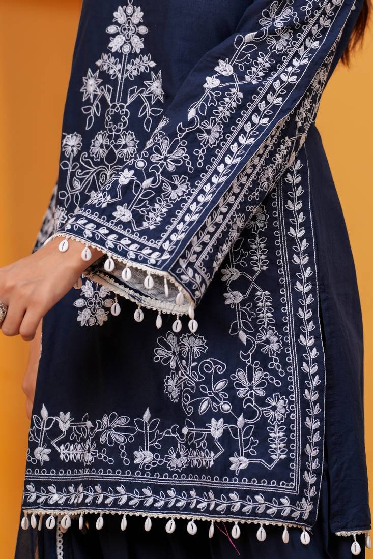 navy blue Cotton embroidered 3 pcs kurta set 