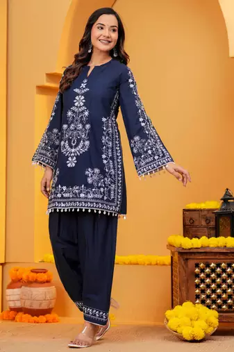 navy blue Cotton embroidered 3 pcs kurta set 