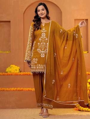 Cotton embroidered 3 pcs kurti-farsi salwar-dupatta set in mustard color 1