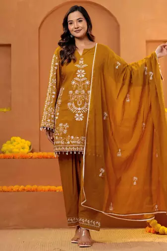 Cotton embroidered 3 pcs kurti-farsi salwar-dupatta set in mustard color