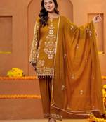 Cotton embroidered 3 pcs kurti-farsi salwar-dupatta set in mustard color