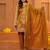 Cotton embroidered 3 pcs kurti-farsi salwar-dupatta set in mustard color