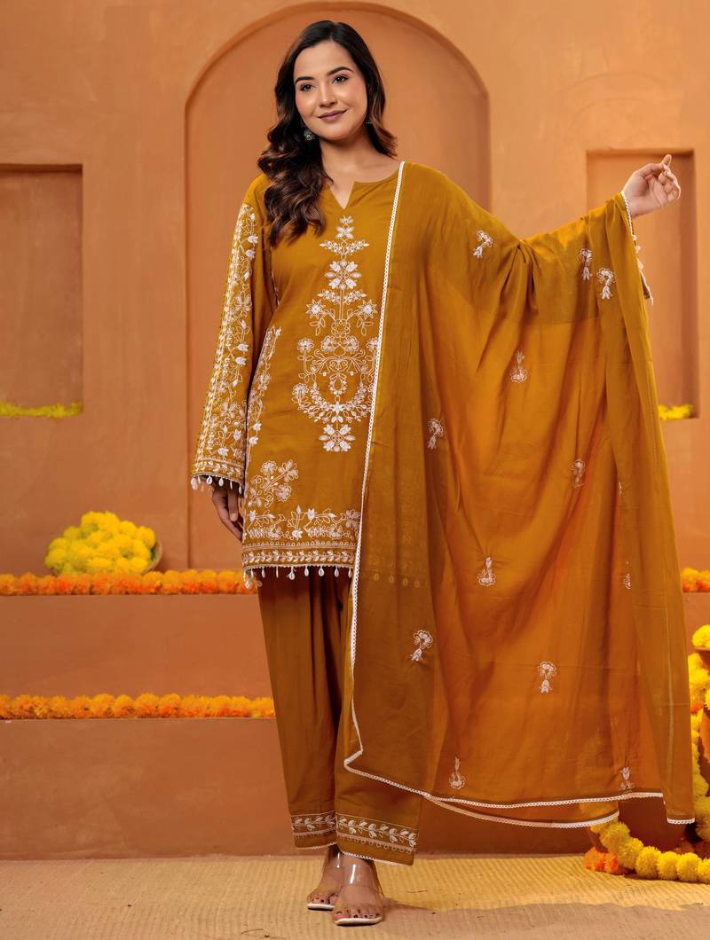 Cotton embroidered 3 pcs kurti-farsi salwar-dupatta set in mustard color