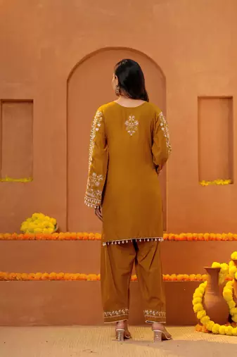 Cotton embroidered 3 pcs kurti-farsi salwar-dupatta set in mustard color