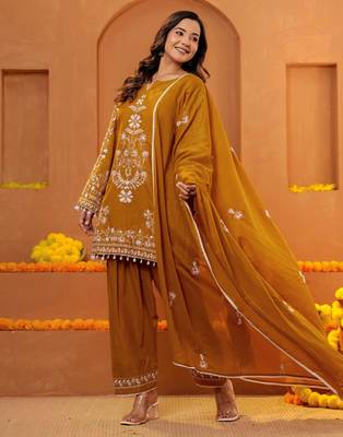 Cotton embroidered 3 pcs kurti-farsi salwar-dupatta set in mustard color 3