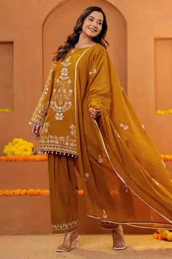 Cotton embroidered 3 pcs kurti-farsi salwar-dupatta set in mustard color