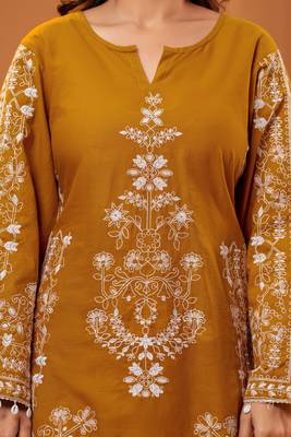 Cotton embroidered 3 pcs kurti-farsi salwar-dupatta set in mustard color 4