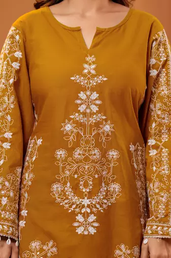 Cotton embroidered 3 pcs kurti-farsi salwar-dupatta set in mustard color