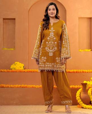 Cotton embroidered 3 pcs kurti-farsi salwar-dupatta set in mustard color 5