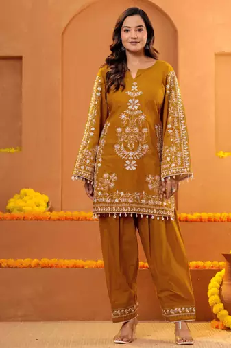 Cotton embroidered 3 pcs kurti-farsi salwar-dupatta set in mustard color
