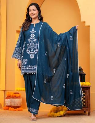 Blue Cotton embroidered 3 pcs kurta set  1