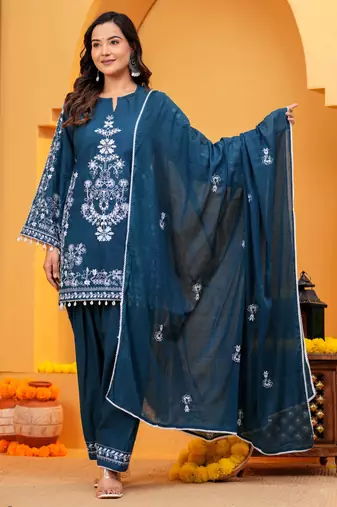 Blue Cotton embroidered 3 pcs kurta set 
