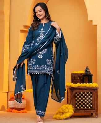 Blue Cotton embroidered 3 pcs kurta set  4