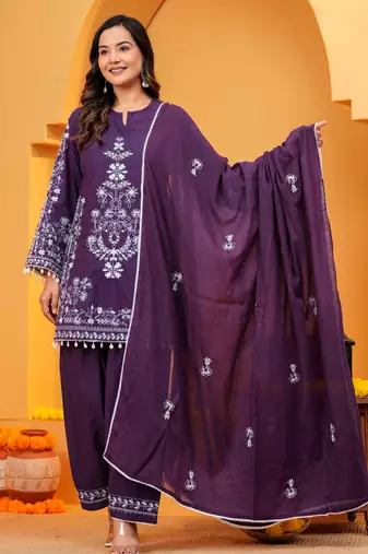 Purple Cotton embroidered 3 pcs kurta set 