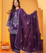 Purple Cotton embroidered 3 pcs kurta set 