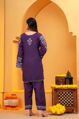 Purple Cotton embroidered 3 pcs kurta set  2
