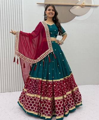 Teal Embroidery Thread and sequin Work Fuax georgette Lehenga Choli Set 1