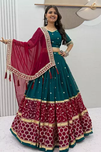 Teal Embroidery Thread and sequin Work Fuax georgette Lehenga Choli Set