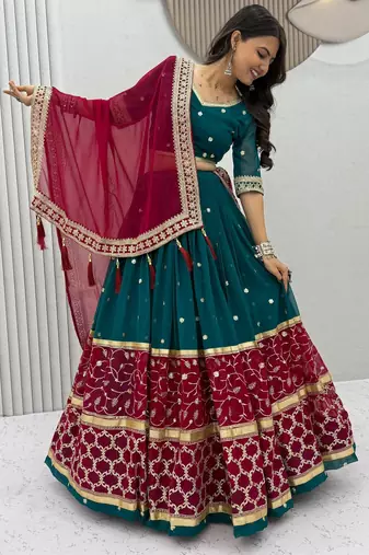 Teal Embroidery Thread and sequin Work Fuax georgette Lehenga Choli Set
