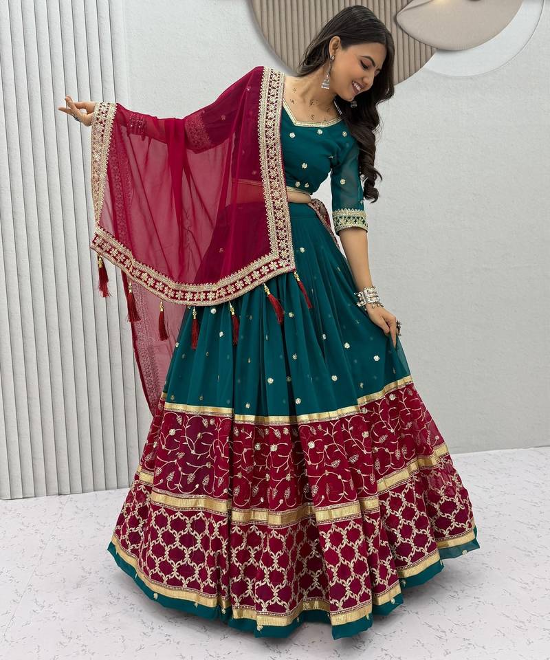 Teal Embroidery Thread and sequin Work Fuax georgette Lehenga Choli Set