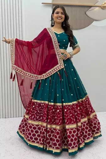 Teal Embroidery Thread and sequin Work Fuax georgette Lehenga Choli Set