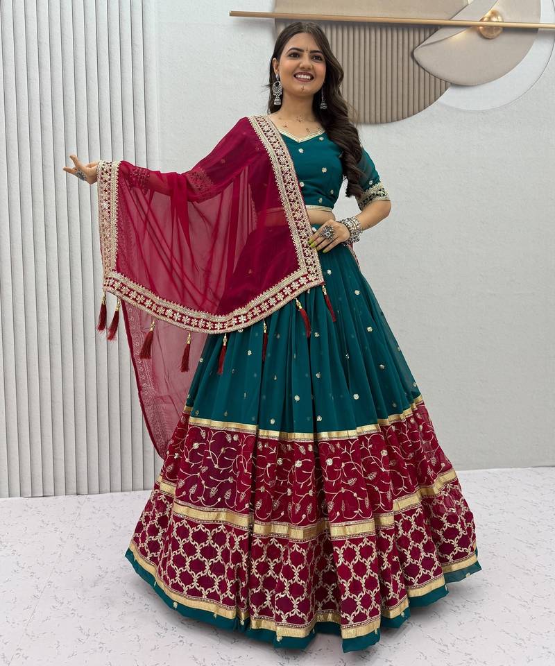Teal Embroidery Thread and sequin Work Fuax georgette Lehenga Choli Set