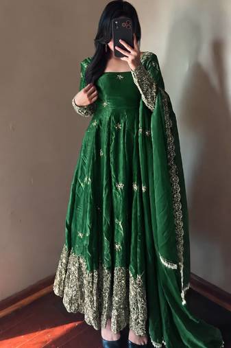 dark green color sequin embroidery silk blend gown set